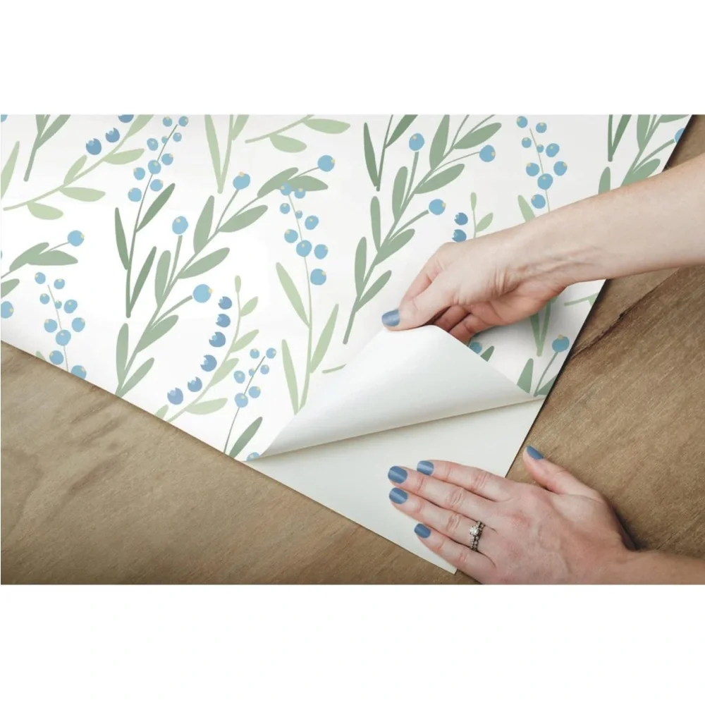 Roommates RMK12168PLW White Budding Branches Peel and Stick Wallpaper Green Blue